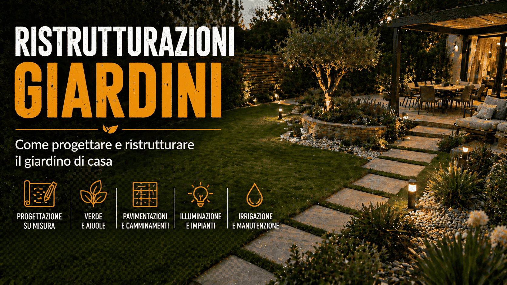 ristrutturazione giardino moderno con illuminazione pavimentazione e area relax esterna immagine d'esempio